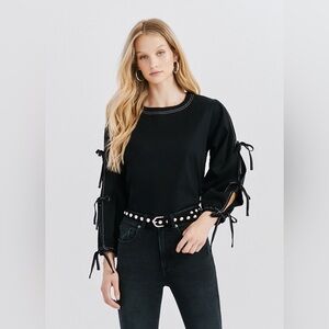 SOMETHING NAVY Black Cotton Canvas Tie Sleeve Blouse Size Small